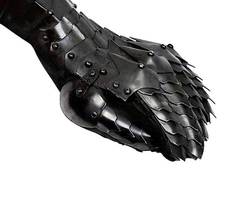 Blackened steel Gothic knight gloves shown from side angle for fantasy LARP and role play