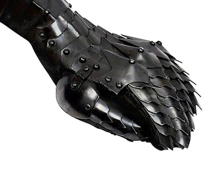 Blackened steel Gothic knight gloves shown from side angle for fantasy LARP and role play