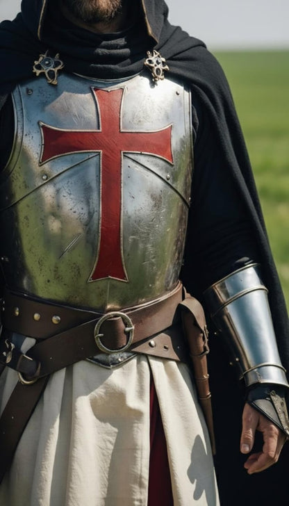 Medieval Crusader Armor Set with blue cloak, full leg armor, and steel cuirass jacket for cosplay and display