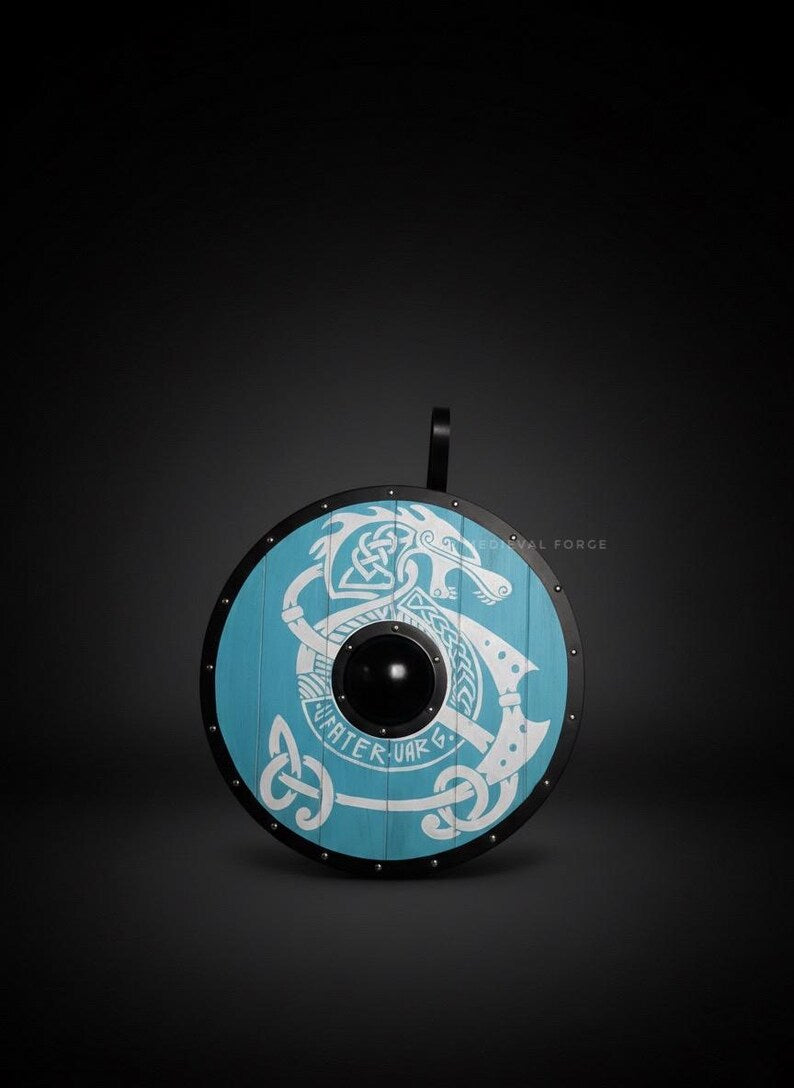 Back view of Viking shield with leather straps for comfortable LARP wear