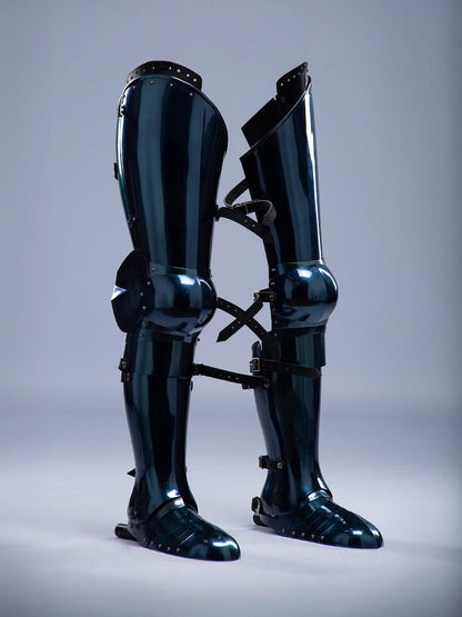 Blued steel leg armor set front view for cosplay and LARP