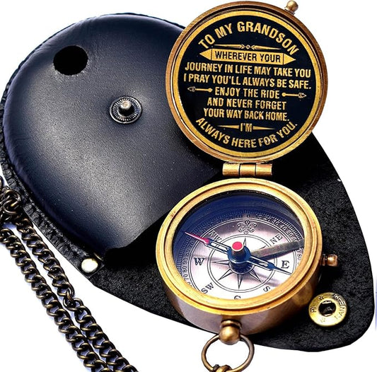 Brass Compass for Grandson engraved with "Always Here for You" quote

