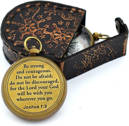 Brass compass engraved with Joshua 1:9 scripture, ideal for graduation or baptism gift.

