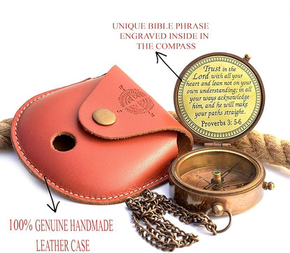 Solid brass compass with leather case featuring accessory pockets for storage