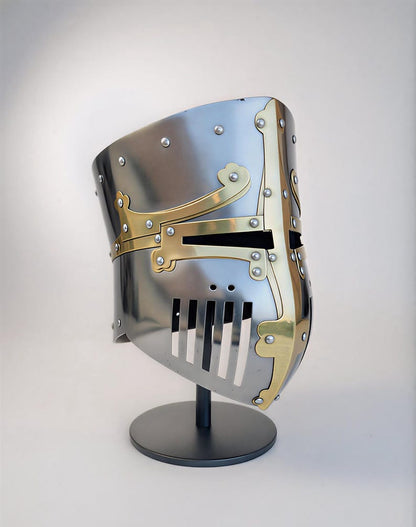Brass Cross Barrel Pot Crusader knight helmet for historical reenactment and fantasy armor