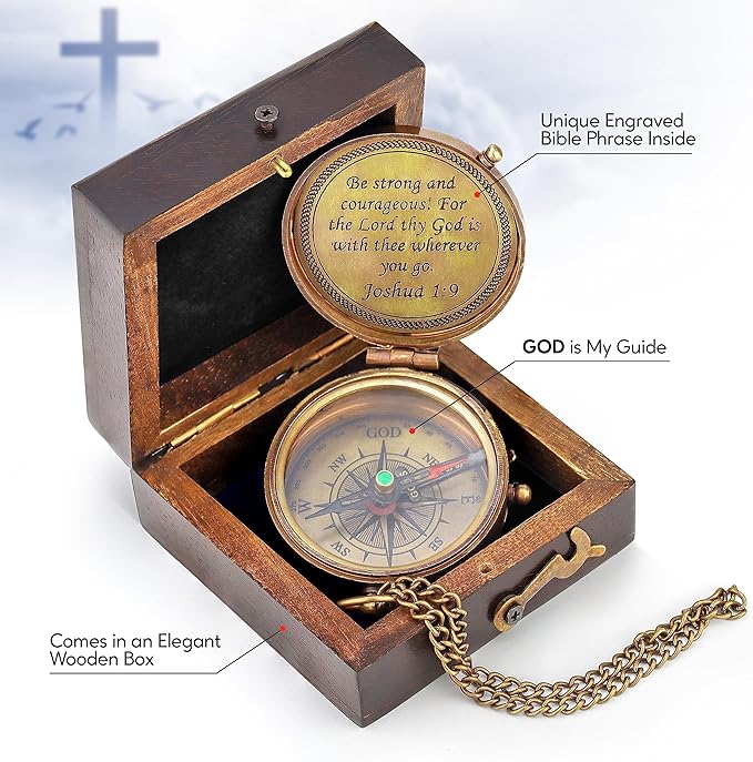 Handmade brass compass displayed on gold tabletop stand, perfect for home or office decor.

