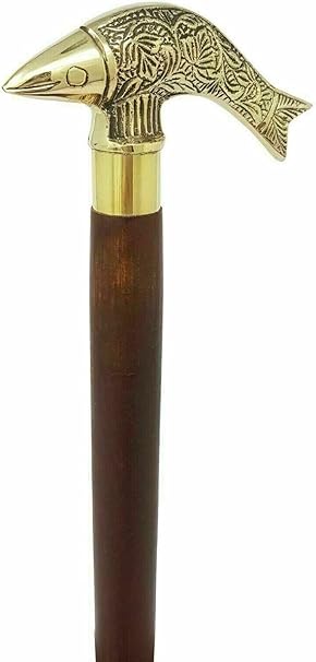 Brass Fish Head Walking Stick with Vintage Wooden Shaf