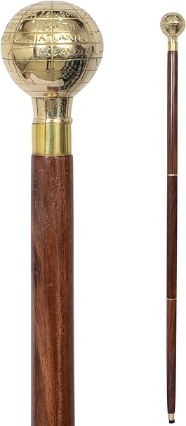 Brass globe head walking stick with Victorian brass handle and wooden shaft