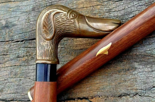 Brass nautical designer dog antique style head handle cane wooden walking stick
