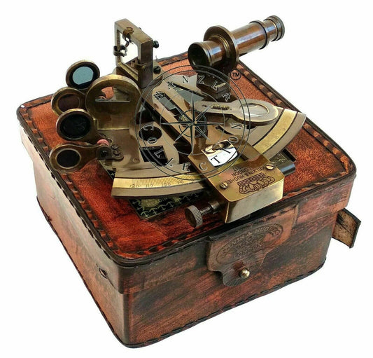 Handmade brass nautical sextant in vintage leather box for navigation and decor

