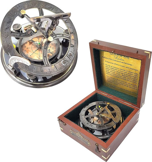 Brass Nautical 5-Inch Sundial Compass in Polished Rosewood Case