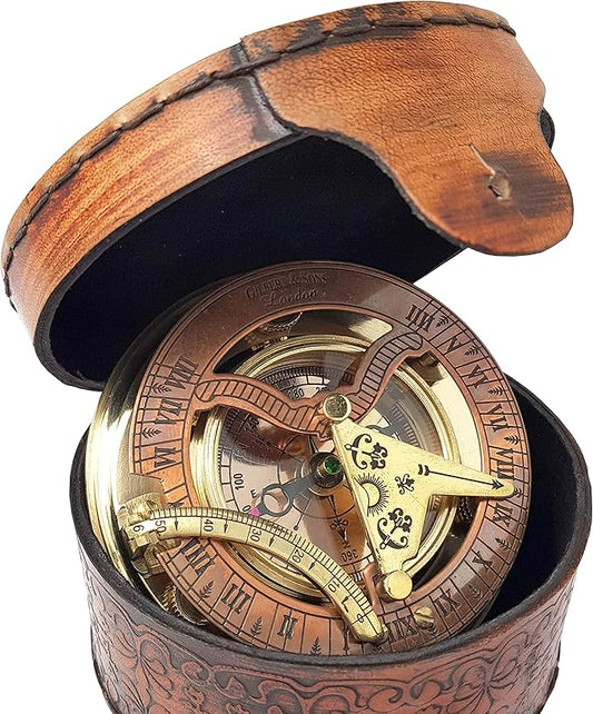 Brass Nautical Sundial Compass in Leather Gift Box – Vintage Replica