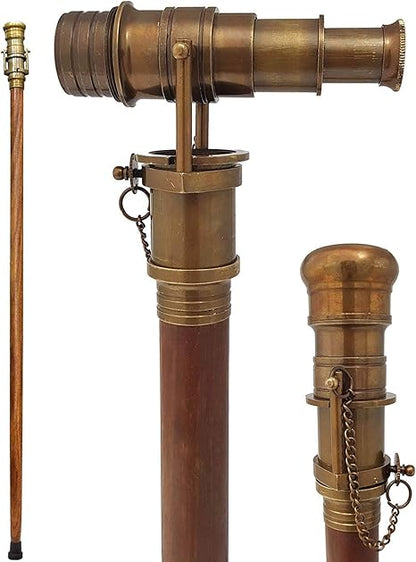 Brass nautical telescope walking stick with antique finish and rosewood shaft