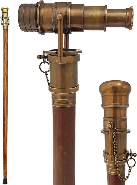 Brass nautical telescope walking stick with antique finish and rosewood shaft