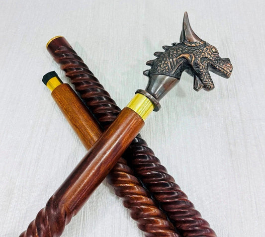Brass Nautical Wooden Walking Cane with Vintage Dragon Handle for Adults