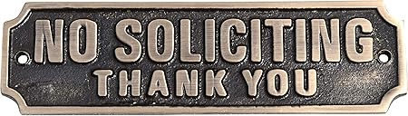 Antique Brass No Soliciting Thank You Sign for Home or Office Door