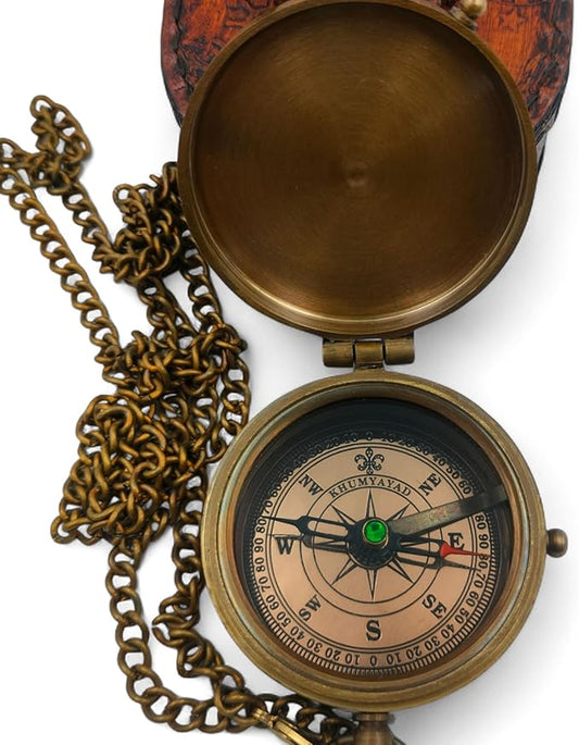Brass Pocket Compass – Handmade Antique Nautical Replica with Leather Case