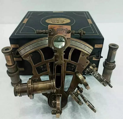Brass sextant placed inside an engraved hardwood box ideal for maritime gifting

