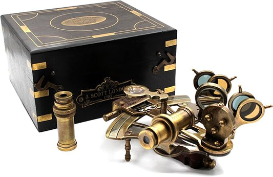 Brass sextant displayed in elegant hardwood case for home decor

