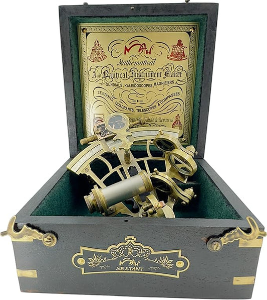 Handmade brass ship history sextant with vintage hardwood box gift set

