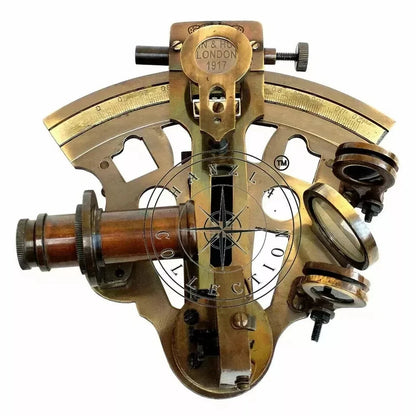 Brass ship sextant replica featuring antique finish and clear glass optics

