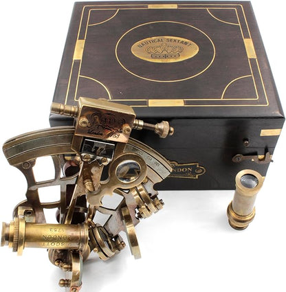 Vintage brass ship sextant mounted on tabletop for home decor

