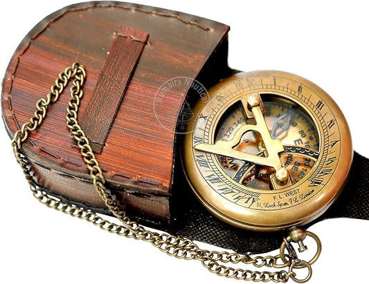 Handmade brass sundial compass with antique finish and leather storage case.