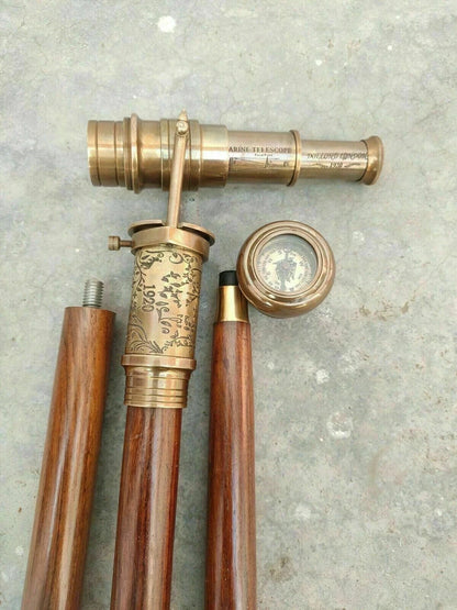 Wooden walking stick with brass telescope and compass by Artisans Hub

