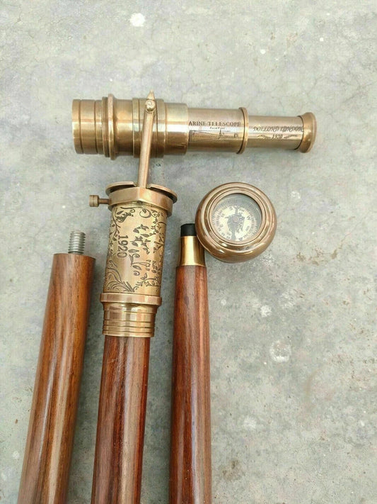 Wooden walking stick with brass telescope and compass by Artisans Hub

