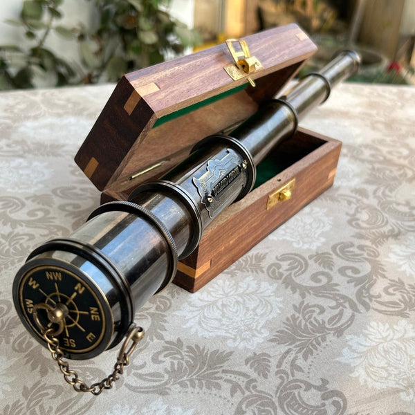 Brass telescope with engraved wooden box for collectors
