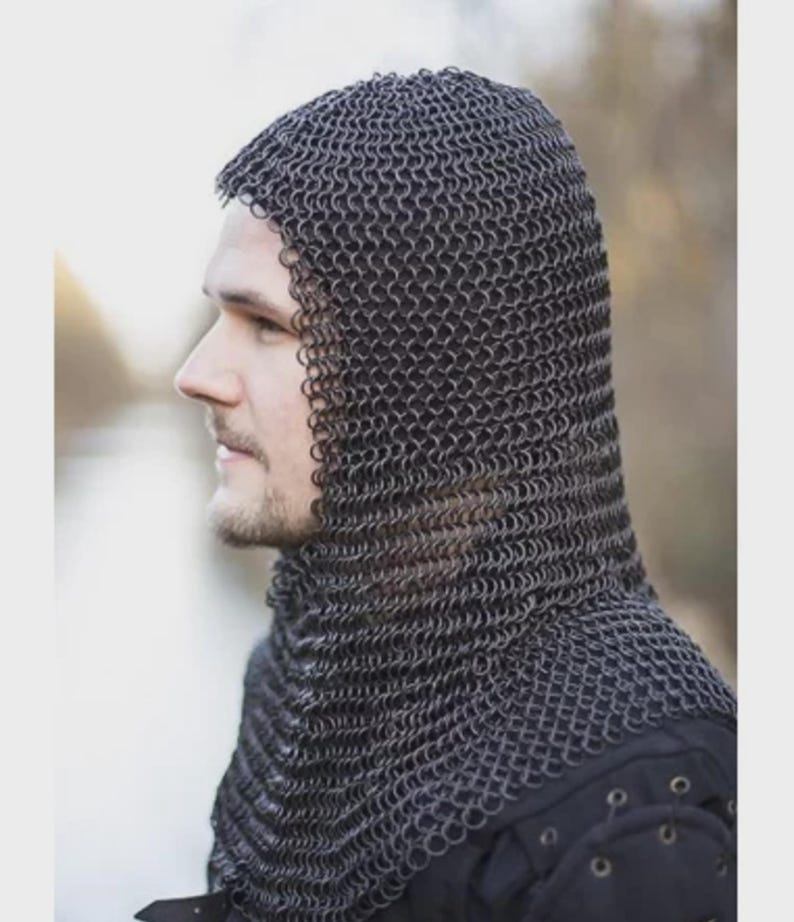 Flexible burnished steel chainmail head armor – 4-in-1 weave design for mobility and protection