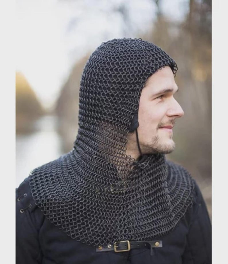 Front view of Burnished Steel Chainmail Hood – medieval armor coif for LARP and reenactment
