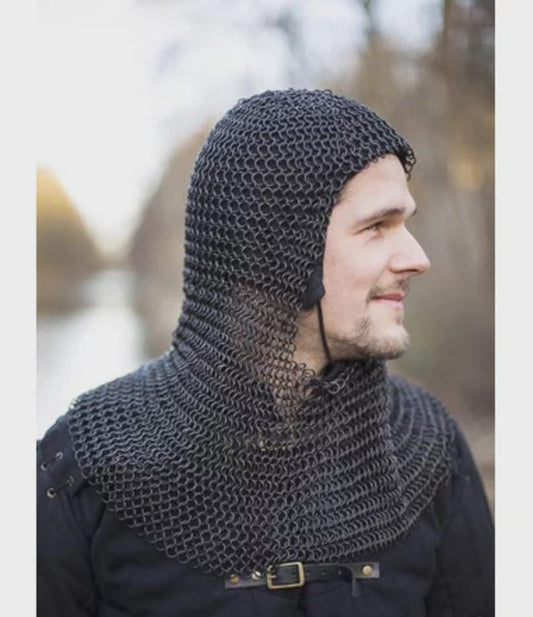 Front view of Burnished Steel Chainmail Hood – medieval armor coif for LARP and reenactment