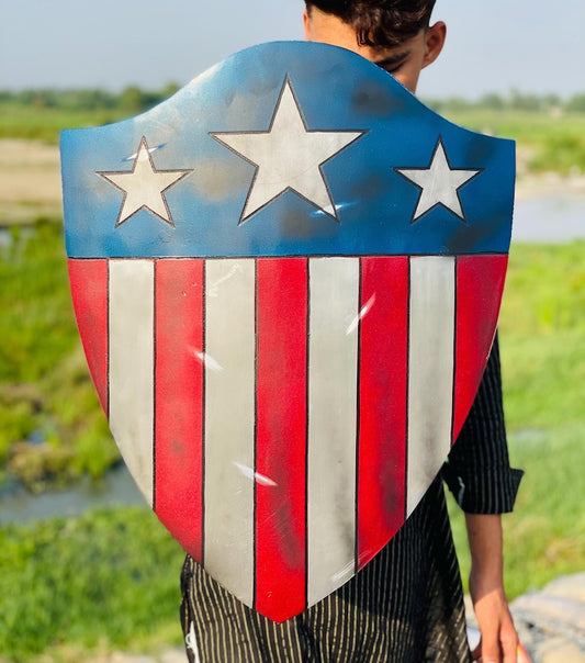 Front view of the Captain America First Avenger Shield with vibrant red, white, and blue colors.