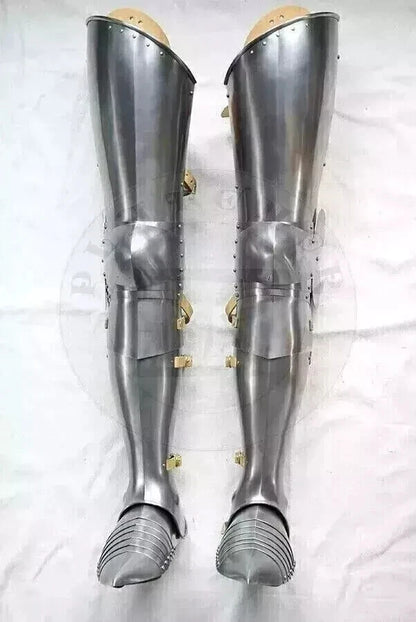 Back view of Centurion leg greaves showing adjustable leather strap fittings

