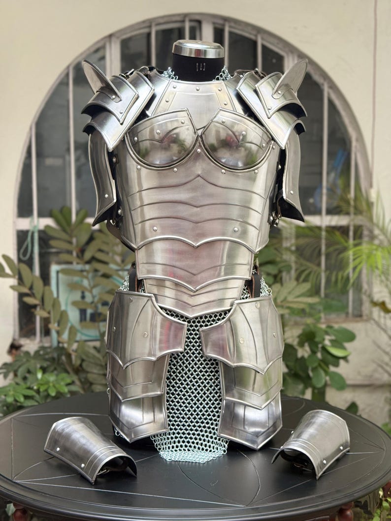 Close-up of chainmail armor skirt and top in fantasy LARP costume for women