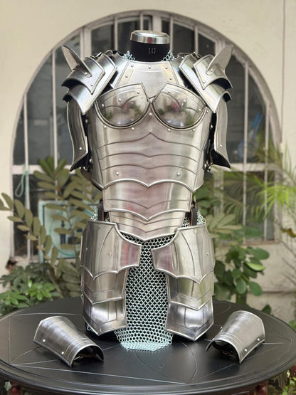 Close-up of chainmail armor skirt and top in fantasy LARP costume for women