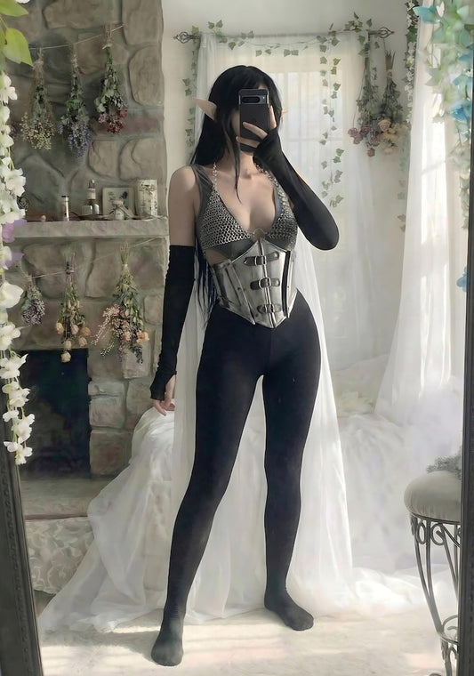 Chainmail bra and steel corset armor for female knight medieval cosplay, handcrafted fantasy armor for women