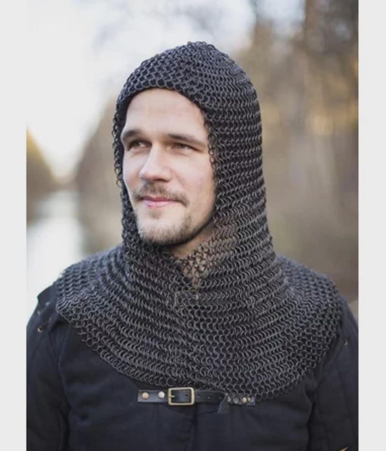 Side view of chainmail coif made with 10mm round burnished steel rings for historical cosplay armor