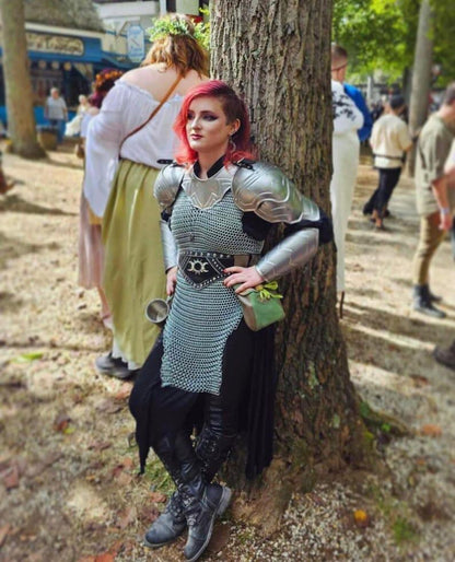 Detailed image of the chainmail skirt and forearm bracers from the Iron Rose armor set, offering texture and protection for LARP and cosplay.

