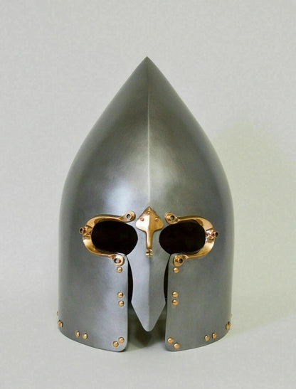 Lough Henney Viking helmet with brass antique finish used as a Christmas display decor piece