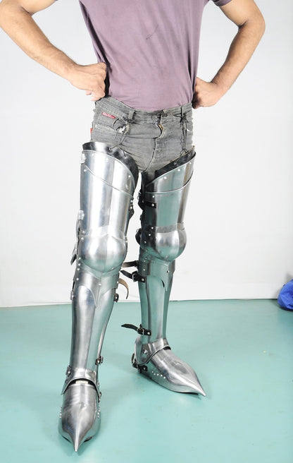 Churburg Style Greaves – Side View of Gothic Knight Leg Armor for Historical Reenactments