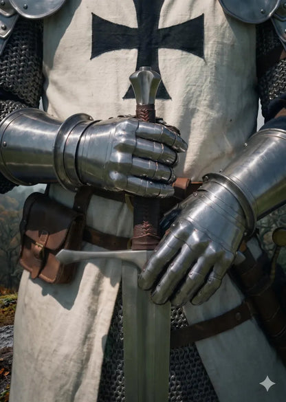 Complete medieval crusader knight armor set with chainmail great helmet steel armor tunic and cape for historical reenactment cosplay and collectors