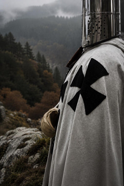 Complete Medieval Knight White Templar Armor set with winged helmet white cloak and black cross for cosplay reenactment and collectors
