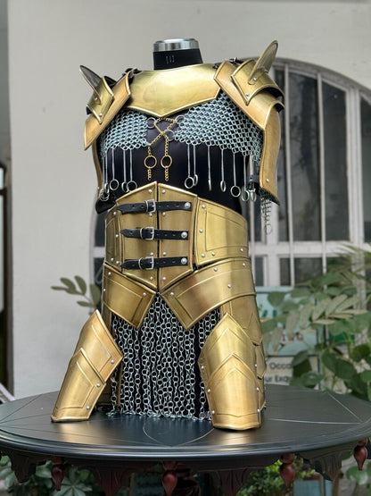 Cosplay armor set for women featuring black chainmail top and steel shoulder guards