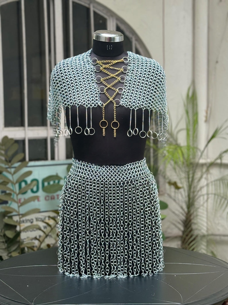 Cosplay chainmail armor top and draped skirt from the Golden & Silver Valkyrie Armor Set