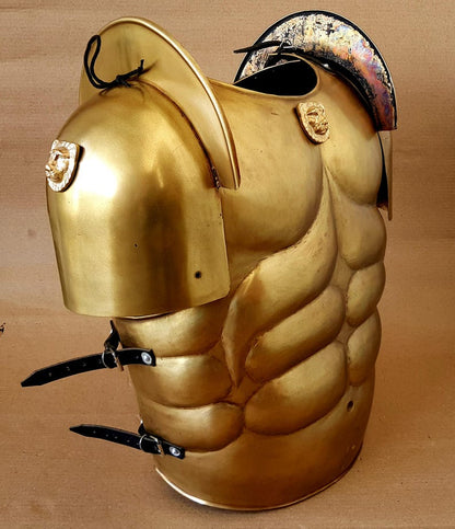 Cosplay gladiator armor featuring lion detail on gold brass Roman muscle cuirass