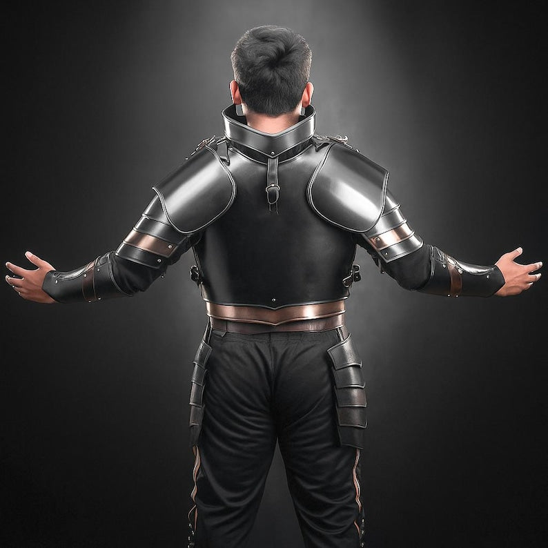 Cosplay Templar Knight Armor featuring medieval steel pauldrons and bracers