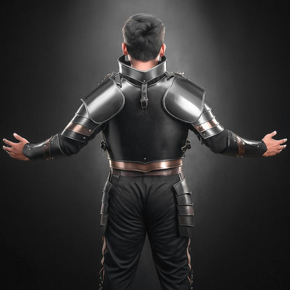 Cosplay Templar Knight Armor featuring medieval steel pauldrons and bracers