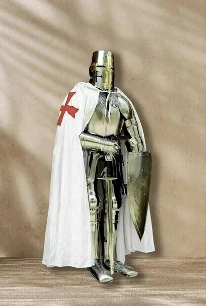Detailed image of breastplate, arm bracers, and leather straps from the knight armor suit.